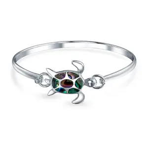 .925 Sterling Silver Nautical Abalone Iridescent Shell Sea Turtle Bangle Bracelet