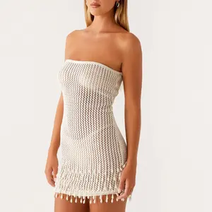 Women Chic Crochet Knit Dress With TasselsHollow Out Off Shoulder Strapless Sleeveless Mini Bodycon Dress