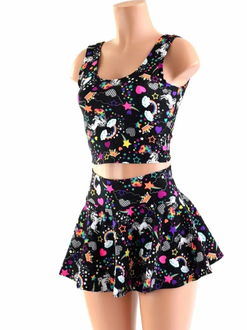 Neon Rainbow Print Crop Tank Top & 12" Rave Skirt Set for Women - Clothing, Womenswear
