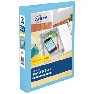 Avery® Mini Durable View Protect & Store 3 Ring Binder, Holds 5.5" x 8.5" Paper, 1" Round Rings, 175-Sheet Capacity, 1.4 Inch Wide Spine, Includes Fully Enclosed Pocket, 1 Light Blue Binder (23014)