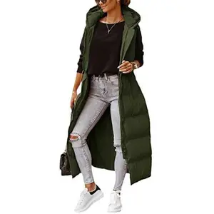 Lannew Women's Long Quilted Vest Hooded Maxi Length Sleeveless Puffer Vest Padded Coat Winter Outerwear