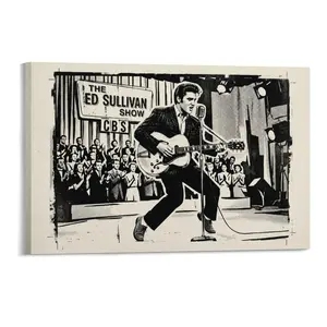 2D Flat, Frameless Black White Retro Elvis Presley Ed Sullivan Show Canvas Print, Rock Music Wall Art, Vintage TV Decor for Living Room, Bedroom, Music Room, Bar, Printed Artwork