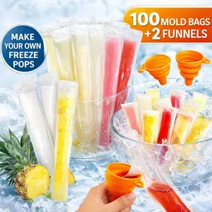 100 Pack Popsicle Bags with Funnel – BPA Free Freezer Tubes Zip Seals, 11"x2" for Homemade Ice Pops, Yogurt Sticks, Juice Smoothies