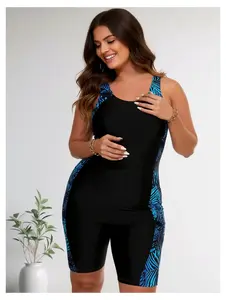 Plus Size Tankini Swimsuit for Women Tropical Print Black Blue Tummy Control Two Piece Bathing Suit Beachwear UPF 50+ Adjustable Straps