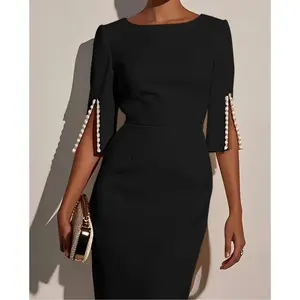 All-Season Solid Color Imitation Pearl Classic Boat Neck Slim Fit Back Zipper Mid-Length Slit Sleeve Elegant Dress Elegant Special Bodycon Formal(Sheets)