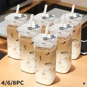 4/6/8Pcs 13oz Square Glass Tumbler with Lid & Straw, BPA-Free Coffee Drinking Cup with Cleaning Brush for Home Office Wedding Outdoor Gift