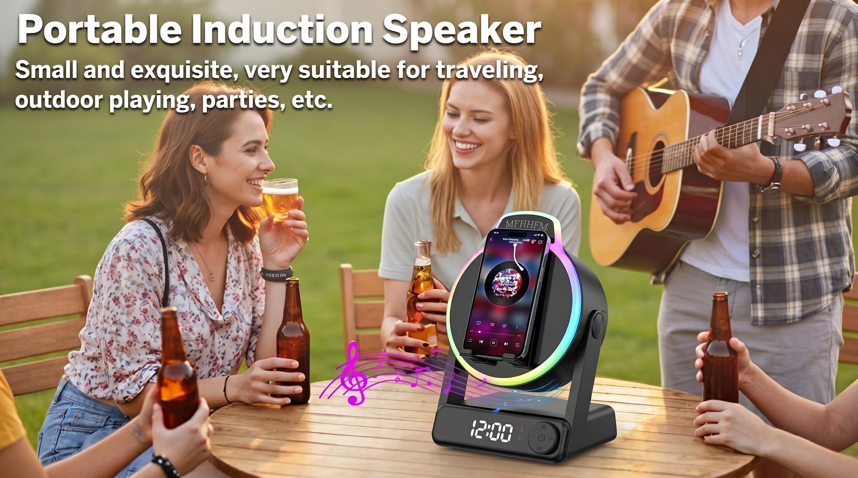 MFHHFM Portable Wireless Induction Bluetooth Speaker - 5-in-1 Mobile Device Accessory with Phone Stand, Stereo Sound, Digital Alarm Clock, RGB LED Light, Adjustable Holder for iPhone, Android & iPad, Batteries Included, Tech Gifts for Women, Portable Spea