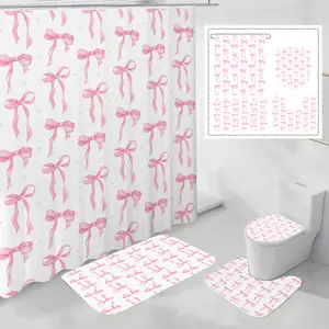 Bowknot Shower Curtain Set, 4-piece Non-slip Decorative Bathroom Accessories (Including Toilet Seat Cover, Hooks and Floor Mats), Essential for Elegant Bathroom Decoration