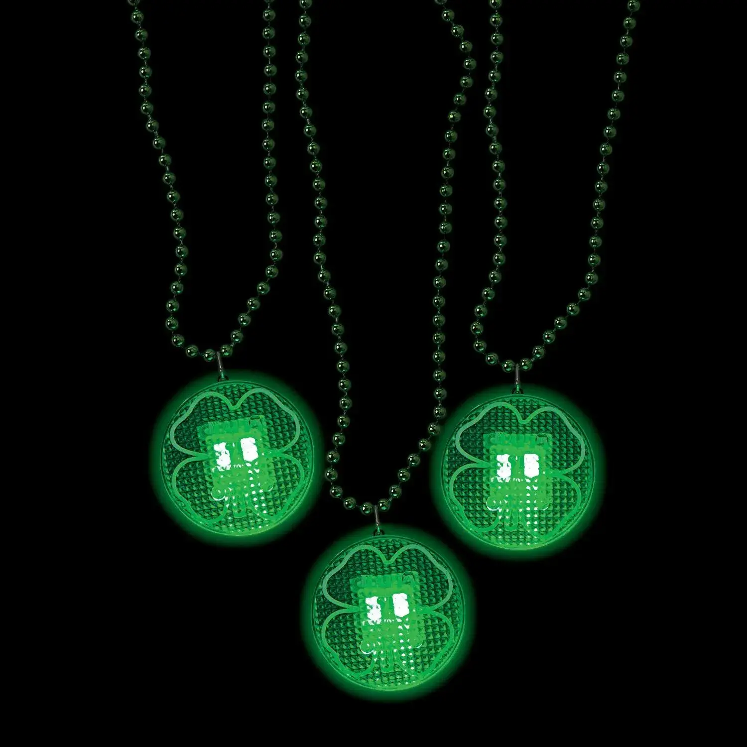 St. Patrick's Day Shamrock Light-Up Necklaces - 12 Pc., 30" Strand Of Beads, Community Gatherings, Classroom, 1 3/4 Inch, Plastic, Glowing, Unisex, Batteries Included, Hand Out, Long