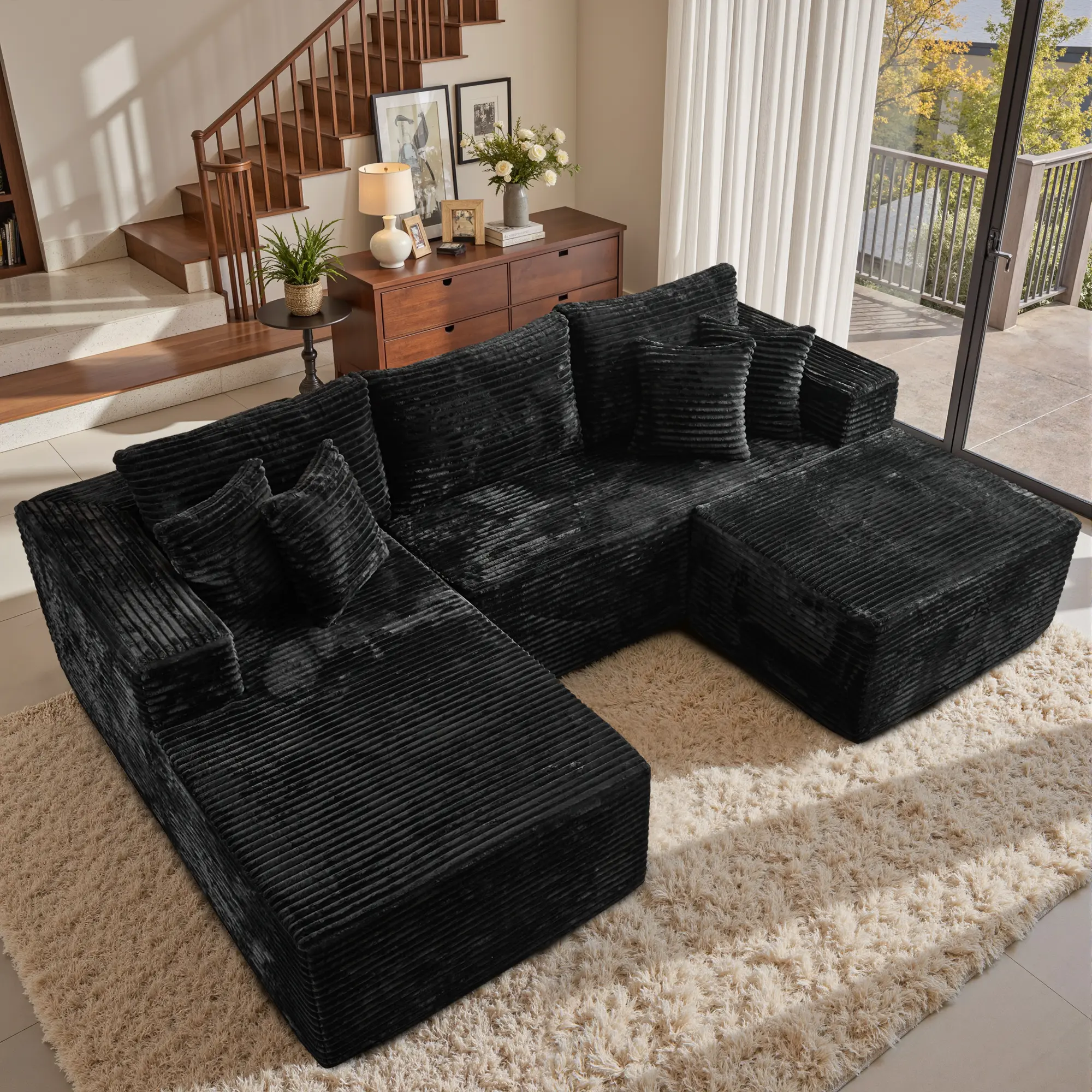 106" Black U-Shaped with Ottoman, Left Chaise