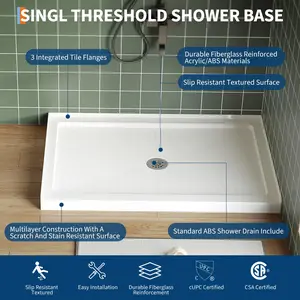 Garvee 48''x32'' Shower Base with Solid Structural Support, Premium Anti-Clog and Non-Rust Drain System, Leak-Proof Pan, and Non-Yellowing Surface for Durable Bathroom Installation