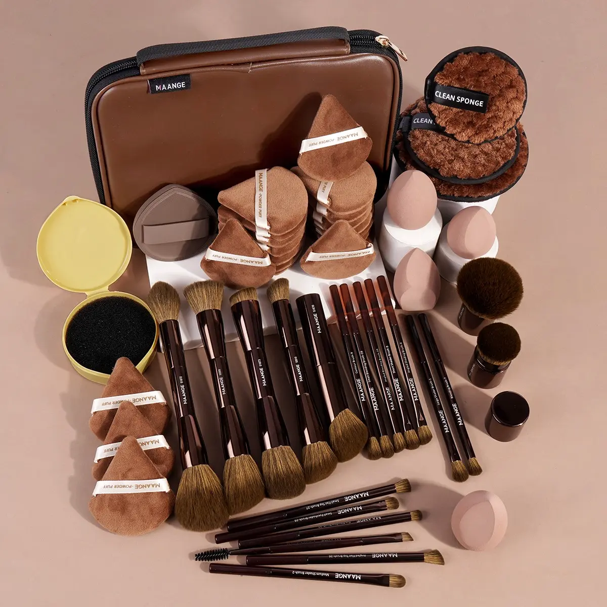Maange 50-Piece Makeup Tool Set, Includes 20 Aluminum Brushes, 4 Beauty Brushes, 1 Puff, 3 Remover Puffs, 20 Loose Powder Puffs, Brush Case