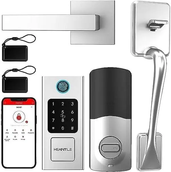 Smart Lock Front Door, HEANTLE Front Door Lock Set Keyless Entry Fingerprint Smart Deadbolt Bluetooth Electronic Digital Keypad Alexa Silver