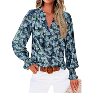 Womens V Neck Floral Long Sleeve Tops 2025 Summer Casual Loose Puff Sleeve Chiffon Boho Work Blouse Dressy T Shirts