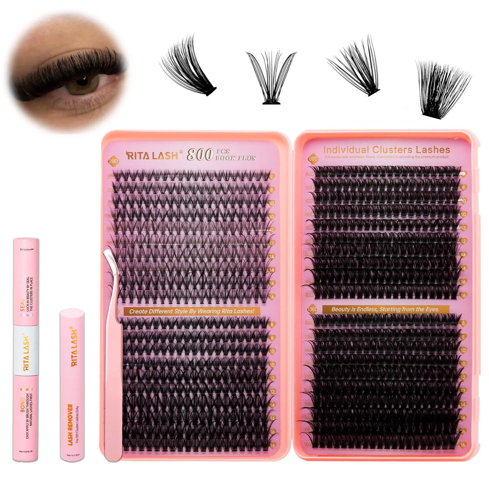 Individual False Eyelashes with Glue & Lash Remover & Tweezer for Diy Eyelash Extensions, Longer Looking Lashes, 1 Box Self Grafting Curl Eyelashes, Self Grafting DIY Eyelashes Kit, Eyelash Extensions Set