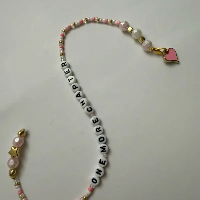 One More Chapter Beaded Bookmark with Heart Charm - Pink and White Beads, Gold Accents, Perfect for Book Lovers