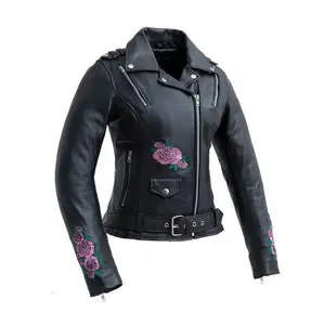 Iron Vixen Women's Motorcycle Leather Jacket - Premium Sheepskin Diamond 0.7-0.8mm Thick Leather, Snap Down Lapel, Pink Rose Embroidery, CE Rated Armor Pockets