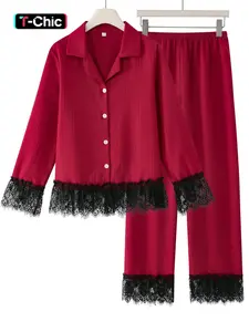 Stylish Sexy Lace Trim Valentine's Big Floral Sleepwear Loungewear Set, Comfortable Long Sleeve Button Top and Pants, Versatile Homewear for Dates and Daily Use