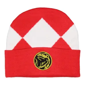 Red Ranger Beanie Mighty Morphin Power Ranger Embroidered Dino Coin Knit Cuff Adult Beanie Winter Cap OSFM For Men Women
