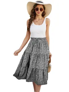 Women's Ditsy Floral Print Ruffle Hem Elastic Waist Flared Skirt, Boho Fashion Midi Skirt for Daily Holiday Vacation Wear, Ladies Bottoms for Spring & Fall