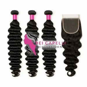 Bei Capelli Collection Brazilian Deep Wave 3-Bundle + Closure Set – Natural Black (22”/24”/26” + Closure)