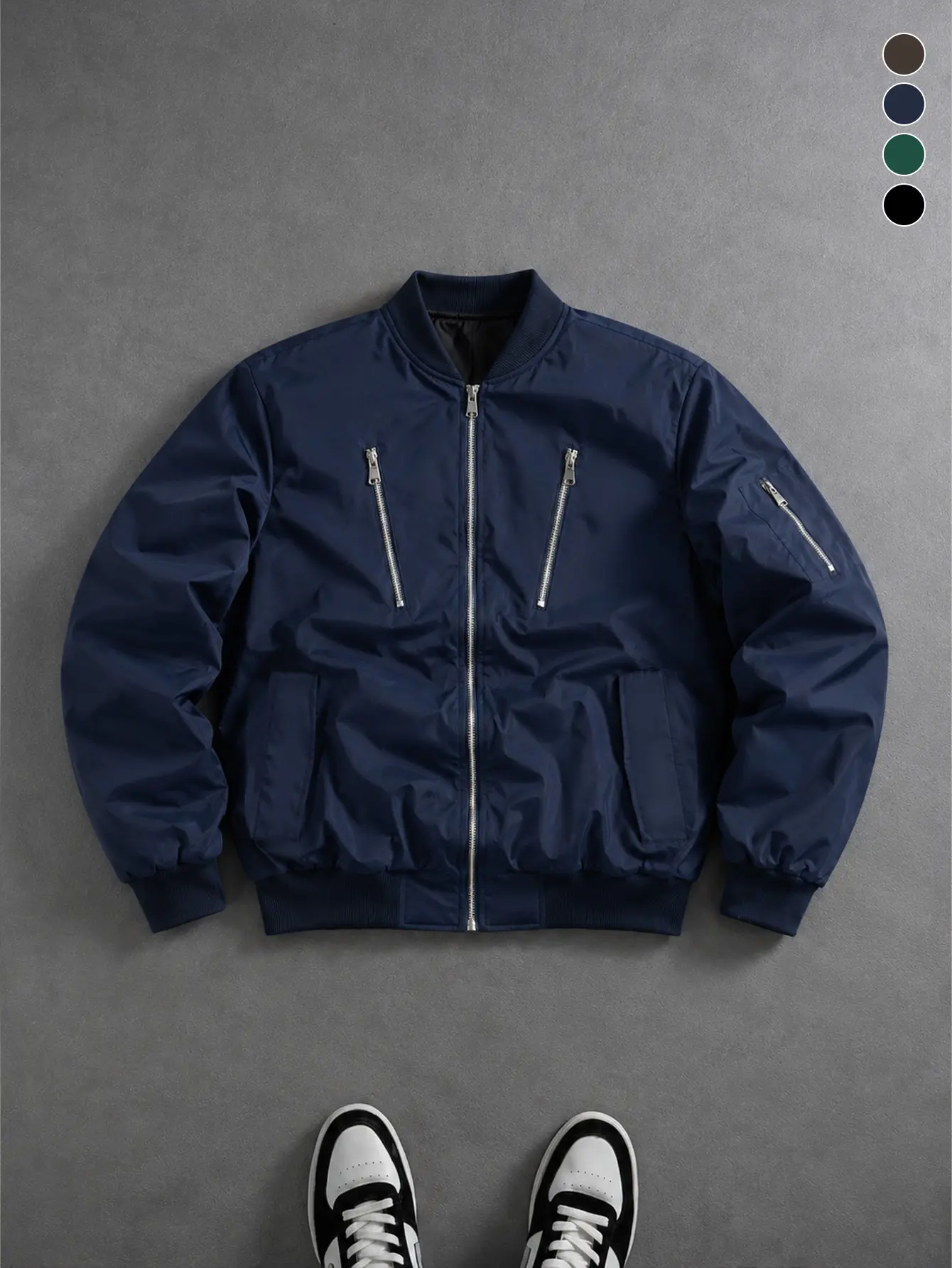 Men’s outdoor casual navy blue aviator jacket featuring a multifunctional design with reinforced stitching and structural elements, suitable for short trips, hiking, and camping.