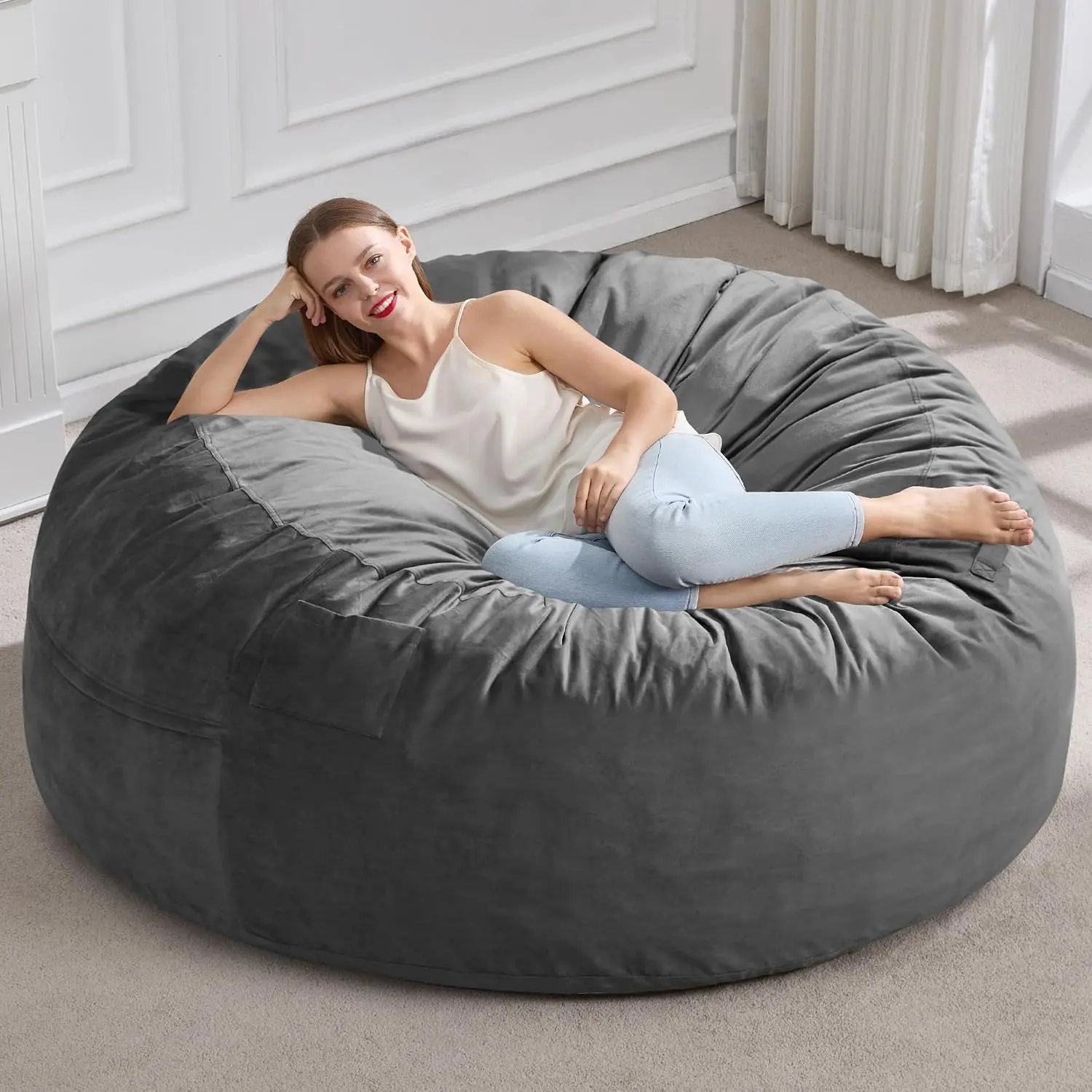 【Hobestluk】 Ergonomic Home Design Interior Memory Foam Fluffy Removable Washable Bean Bag Chair Mini Single Chair for Living Room Bedroom Adult 2.5/3/4/5FT Grey