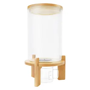 7.5L Glass Rice Dispenser with Sealed Bamboo Lid & Bottom Valve for Grain Beans Cereal Airtight Food Storage Container with Bamboo Stand & Measuring Cup