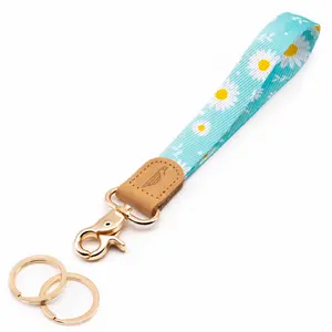 Daisy Wrist Lanyard for Women - Floral Pattern on Blue Background with High-Quality Leather & Metal Buckle Clips - Perfect for Car Keys & Wallet