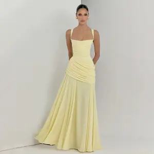 2026 Summer Women's Elegant Solid Color Low-Cut Long Dress with Pleated Straps, Waist-Cinching, and Backless