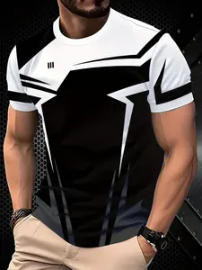 Men's Geometric Pattern Colorblock Short Sleeve T-Shirt, Summer Casual Fashion Outdoor Streetwear Breathable Round Neck Top