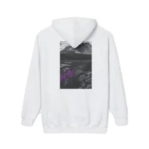 Luxe Cotton Hoodie with Mountain Design, White Color, Front Pocket, Casual Style for Women - Sweatshirts, Womenswear/Menswear