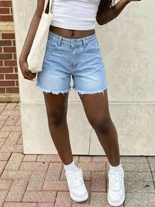 Women's Denim Mom Shorts Simple Versatile Light Blue Pants Multi-Craft Design Fuzzy Hem, Casual Slim-Fitting Plain Shorts for All Seasons