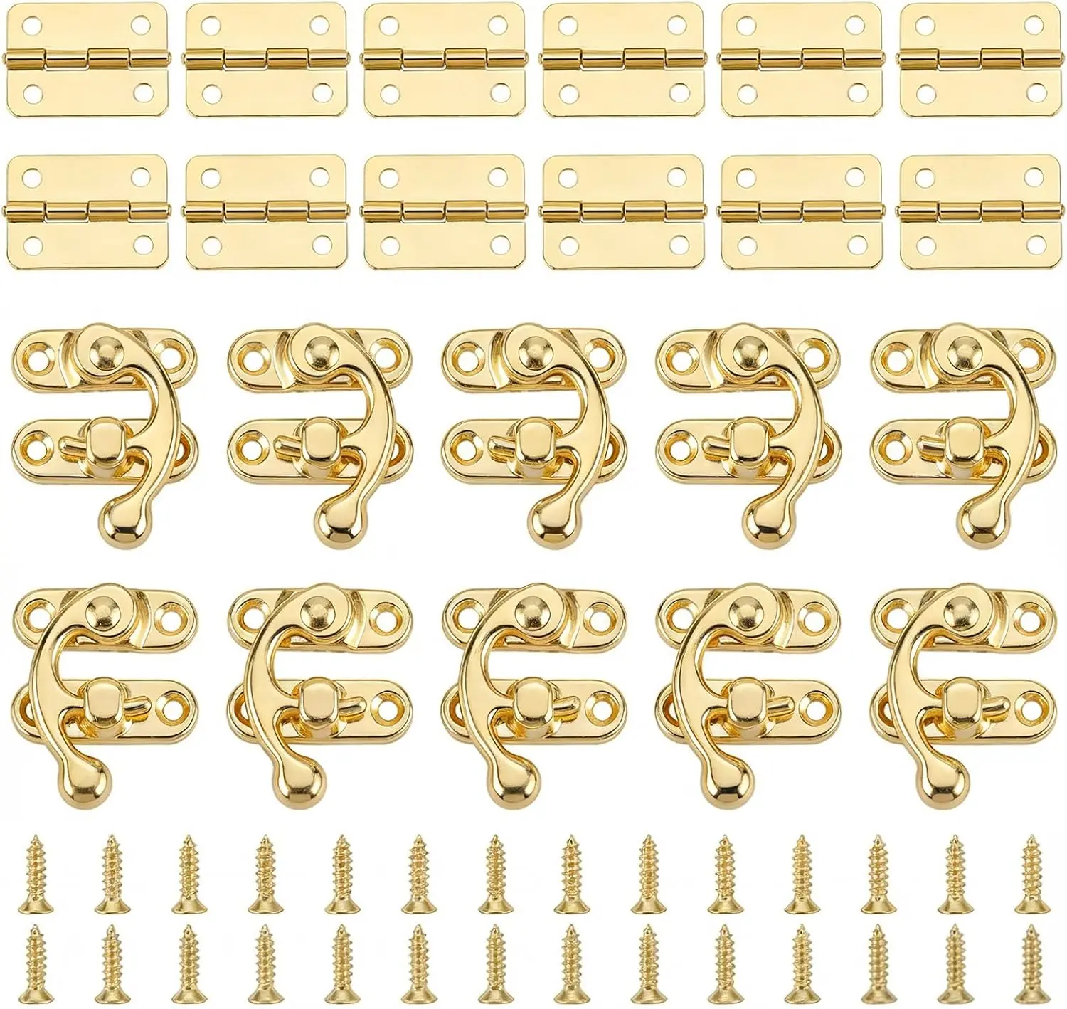 10 Set Small Hinges for Wooden Box Retro Jewelry Box Hinges and Latch with 68 Screws and 12 Pcs Hinge Vintage Style Mini Hinge for Crafts Latch Hook Tool for Decorative Cabinet Small Wooden Gold