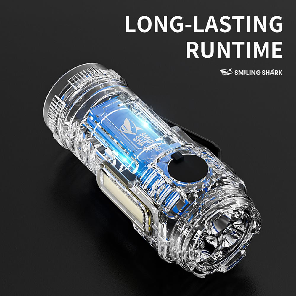 【SD-5474】Small Size Massive Power SMILING SHARK Torch Light Rechargeable Flashlight Led Super Bright with Clip COB Floodlighting 4 Modes Small Outdoor Emergency Hiking Pocket Light 		