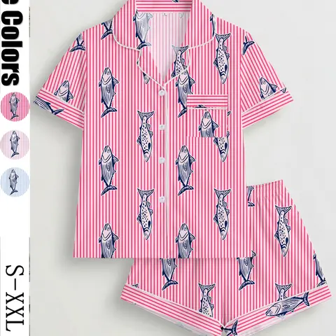 Women's Fish-Print Pajama Set, Short-Sleeve Button-Up Top and Elastic Shorts, Comfortable All-Season Loungewear for Home