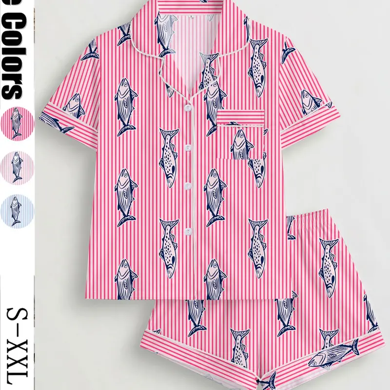 Women's Fish-Print Pajama Set, Short-Sleeve Button-Up Top and Elastic Shorts, Comfortable All-Season Loungewear for Home