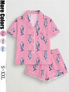 Women's Fish Pattern Pyjama Set, Short Sleeve Button-Up Top & Elastic Shorts, Casual Home Wear, All Seasons Comfortable Sleepwear Loungewear