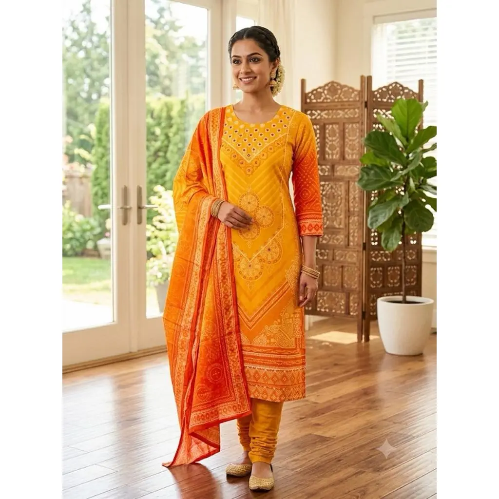 Women's Printed Kurta Set with Dupatta Elegant Three-Piece Outfit Ethnic Wear Trousers and Casual Kurti Set Traditional Festive Wear M/38” L/40” XL/42” XXL/44”