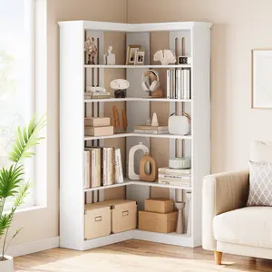 72.8-Inch 5-Shelf L-Shaped Corner Bookcase, MDF Board Large White Indoor Shelf with Anti-Tip Strap, Farmhouse Look Storage for Living Room