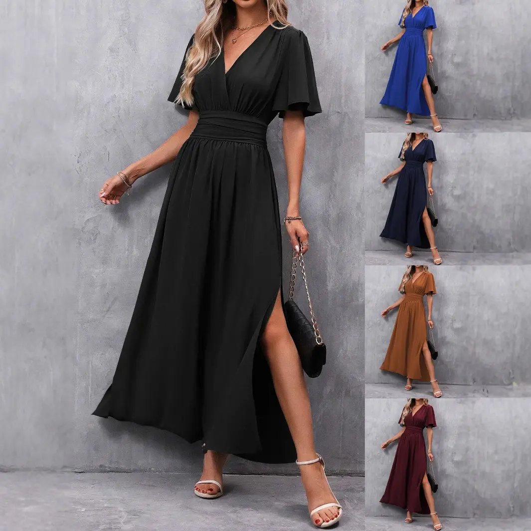Women's V-Neck Flutter Sleeve Ruched High-Waist A-Line Maxi Dress - Solid, Wrinkle-Resistant, Flowy, Elegant, Split Hem for Wedding Guest, Beach Outfits