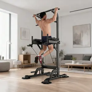Power Tower Dip Station Pull Up Bar 32.3' H-Shaped Base Height Adjustable 330lbs Multi-Level Suction Cups 10 Levels for Home Fitness Use Whole Body Workout Exercise Equipment
