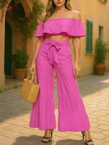 Women's Off Shoulder Crop Top & Wide Leg Pants Set, Elegant Bohemian Fashion Casual Top & Trousers for Daily Outdoor Wear, Women's Clothing