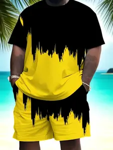 Men's Plus Size Two-Piece Casual Hip-Hop Tropical Geometric Print Short Sleeve T-Shirt & Shorts Set, Loose-Fitting Summer Outfit