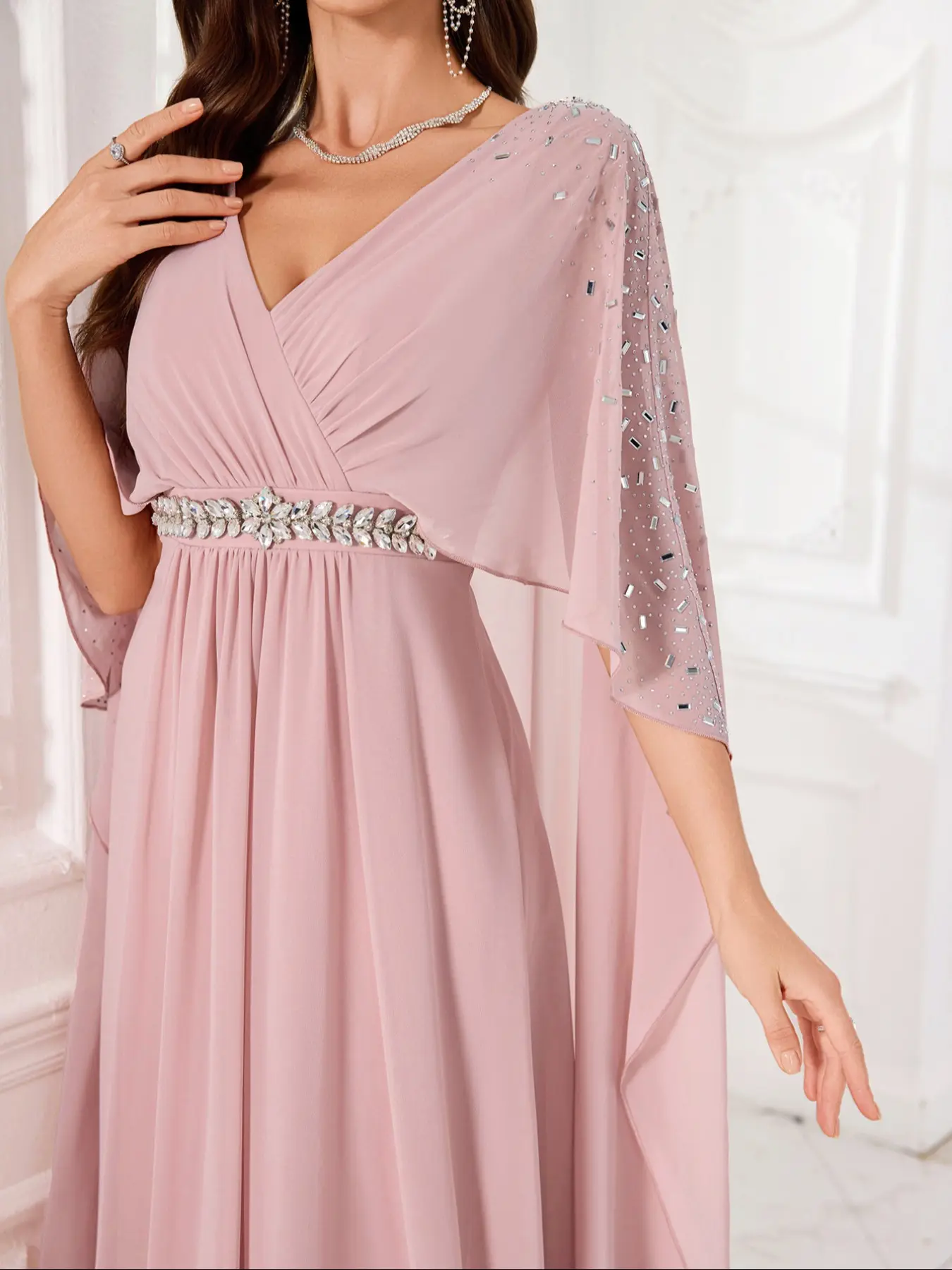 Elegant V Neck Rhinestone Batwing Sleeve Soft Chiffon Fabric Formal Maxi Dress, Fitted Ruched Waist Diamond Strip Design, Womenswear Perfect Bridesmaid Evening Gown - TikTok Shop Elegant V Neck Rhinestone Batwing Sleeve Soft Chiffon Fabric Formal Maxi Dress, Fitted Ruched Waist Diamond Strip Design, Womenswear Perfect Bridesmaid Evening Gown - TikTok Shop