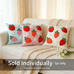 Cute Strawberry Embroidered Pillow Cover, Fruit Floral Towel Stitched Canvas Cushion Case, Girl Style Soft Aesthetic Room Decor