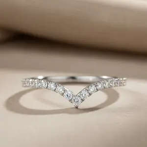 V Shaped Ring | Minimal Chevron Ring | Solid Silver | Thin Pave Wishbone Stackable Ring