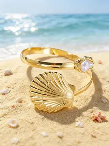 Gold Seashell & Pearl Upper Arm Cuff - Adjustable Open Bangle, Boho Beach Jewelry for Women, Summer Statement Arm Band