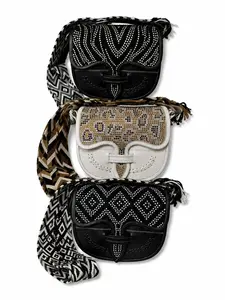 CARRIEL PAISA GLAM COLLECTION Handmade Leather & Wayuu Woven Textile with Adjustable Strap & 5 Compartments Exclusive Colombian Craftsmanship
