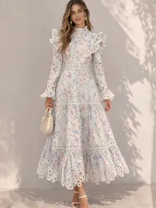 Pastel Floral Lace Maxi Dress for Women Elegant Long Sleeve Romantic Cottagecore Dress Vintage Floral Garden Party Dress Spring Summer Wedding Guest Dress Feminine Boho Ruffle Lace Dress Luxury European Style Dress